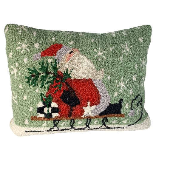 Santa Christmas Hooked Wool Pillow Peking Handicraft Rectangle Lumbar - Picture 1 of 8